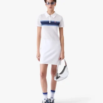 Vestito midi in rete a righe bianche e blu