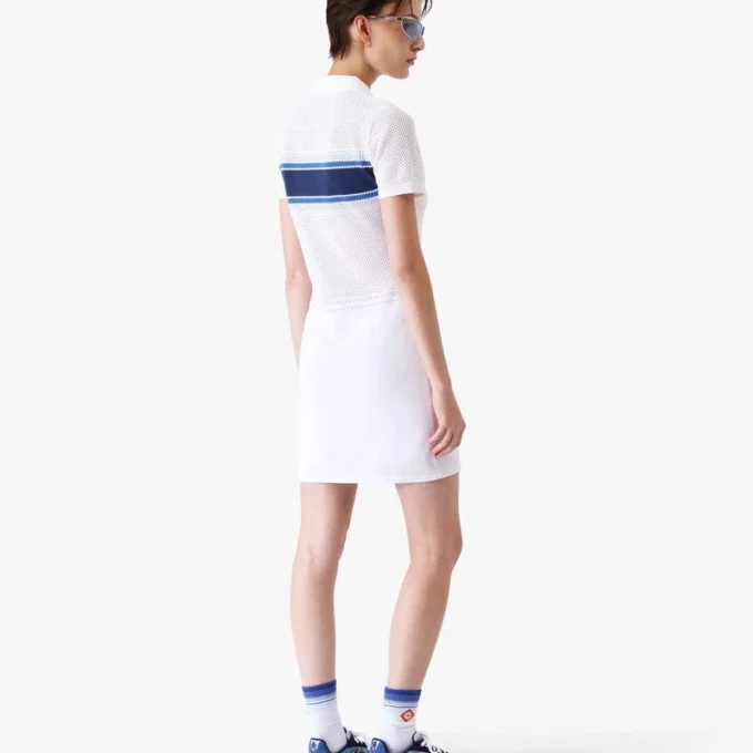 Vestito midi in rete a righe bianche e blu